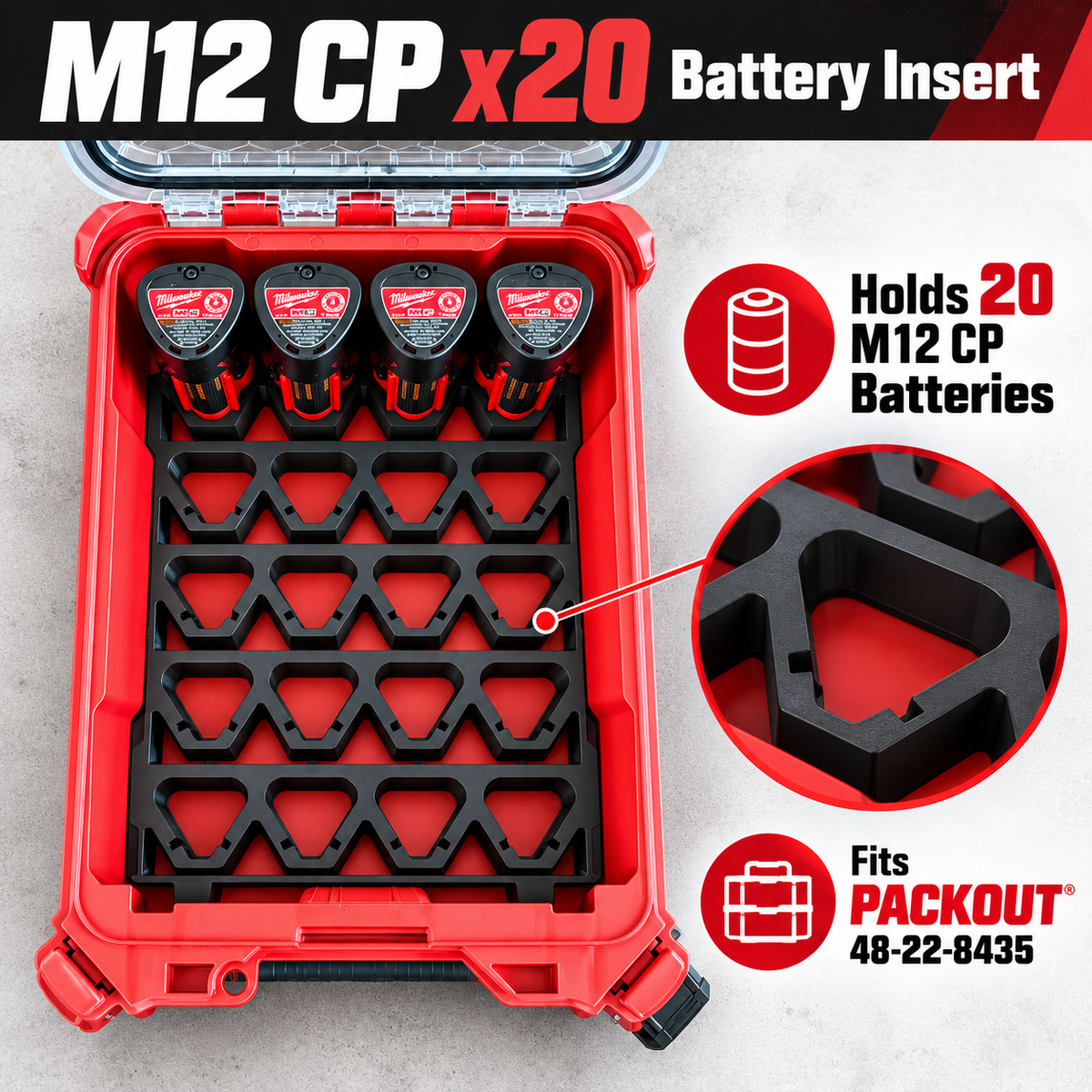 M12 CP Battery Organizer Insert for Milwaukee PACKOUT 48-22-8435, 20 Battery Holder, 1.5Ah 2Ah 3Ah Storage Tray photo 1