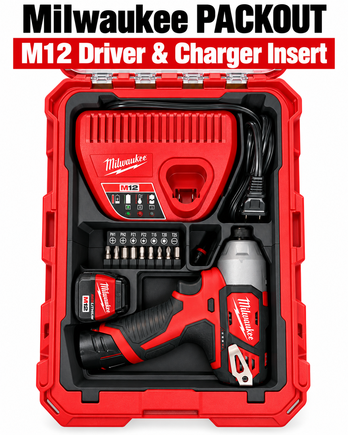 M12 Impact Driver & Charger PACKOUT Insert — Driver and charger storage overview
