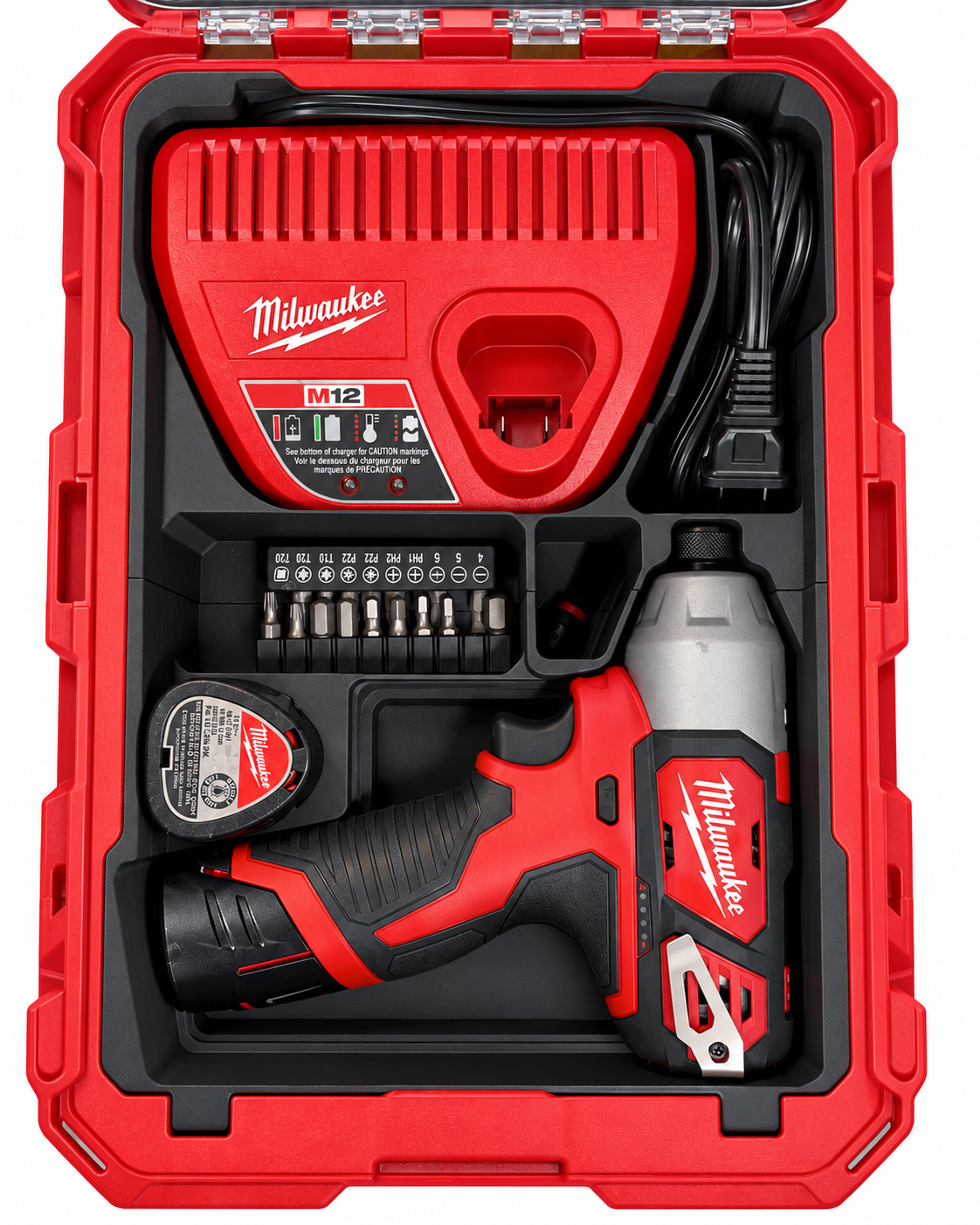M12 Impact Driver & Charger PACKOUT Insert — Black insert with tools and charger shown for fit